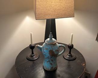Vintage Corner End Table w/candlesticks, lamp, and porcelain tea pitcher 