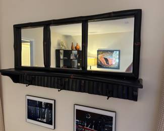 Three partition mirror with hanging hooks