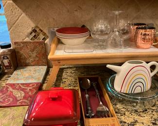 Kitchen - lap tray - bowls, glasses, cups, & lidded casserole in red
