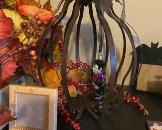 Christmas Room - Halloween metal pumpkin with decor - Frankenstein ornament sold separately 