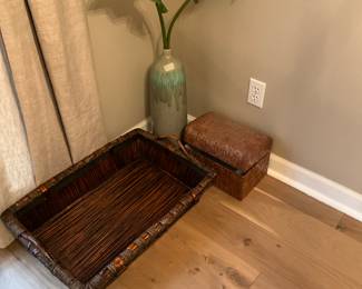 Large handled basket, small metal chest, decor
