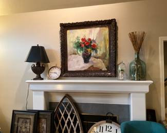 Living room mantle - picture, turquoise jar with decor, second jar, lamp, clock