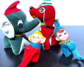 Vintage felt Christmas pixies, elephant and doggy 