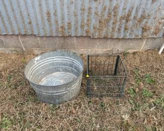 vintage metal wash tub and milk bottle crate