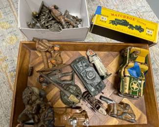 Collection of Vintage Toys: Lead soldiers, Tin Car, Match Box Tank  $40