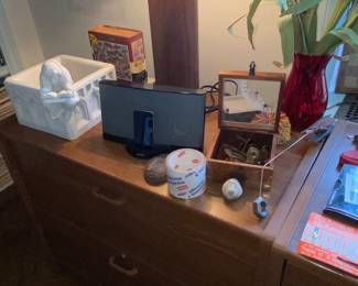 Wood MCM lamp and Bose speaker