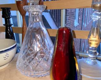 Close up of Murano vase and decanter 