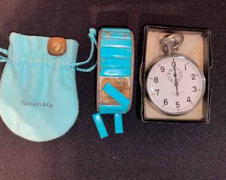 Tiffany pin, jade bracelet ( as is) and Vtg. Stop watch 