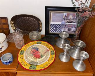 Pewter, ceramic, metal and glass decor 