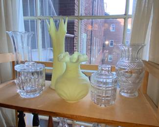 Crystal glassware and custard glass swing vase and rippled edge vase
