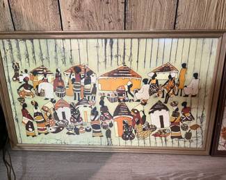 African village scene, painting on cloth or silk, framed.