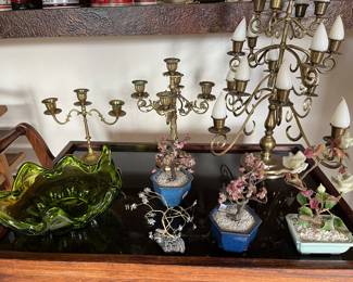 Artificial trees in pots from Japan; various vintage brass candelabras.