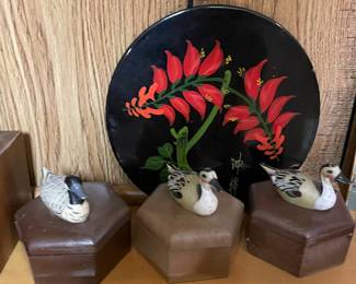 Vintage lidded plastic boxes with waterfowl figures as handles, made in Hong Kong.