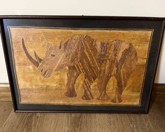 Framed wood/veneer rhino.