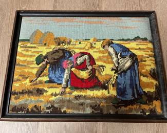 Framed needlepoint, women harvesting grain.