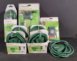 Westinghouse Remote Control Ground Stake 6 Foot Power Cord, 3-Outlet Mechanical Timer, 15 Foot Outdoor 16/3 Medium Duty Grounded Extension Cord, And 8 Foot 3 Outlet Power Block, Qty 5