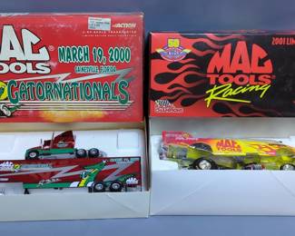 Racing Champion Mac Tools 1/24 Scale Al Hoffman Pontiac Funny Car And Mac Tools Gator Nationals 2000 Aeromax Hauler 1/64 Scale Transporter, Both In Original Boxes