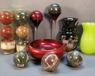 Aizu 11" Salad Bowl With Oriental Accents, 4" Marble Orbs, Qty 3, Elegant Expressions Decorative Orbs, Qty 6, Vintage Oriental Styled 10.5" Handled Vase, And More
