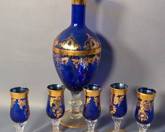Venetian Gold And Cobalt Blue 13" Glass Vase, And 5" Shot Glasses, Qty 5