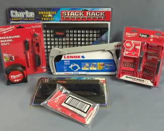 Clarke Stack Rack Magnetic Tool Rack, Model CTB205, 9" x 18", Magnetic Screwdriver Holder, Model CTB203, Lenox High Tension Hack Saw, Model 20918, Milwaukee Shockwave Impact Duty 25Pc Impact Driver Set, Model 48-32-4419, Tape Measure / Inkzall / Knife Combo, And More