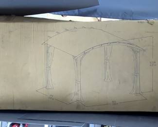 Allen + Roth Pergola With Heavy Duty Steel Frame, Dark Brown Powder Coated Top, Wood Grain Posts, And Weather Resistant Fabric, Model 1839858, 10' x 8.23' x 10', In Original Box