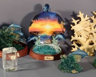 Homco Masterpiece 7" Porcelain Endangered Species Dolphins 1994, Dakin Wyland Statues, Qty 3, The Bradford Exchange Bradex Plate "Dolphin Majesty" And "Sunset Splash"