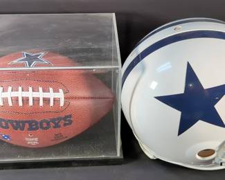 Dallas Cowboys NFC East Division Football In Protective Case, And Riddell VSR4 Helmet, Size L