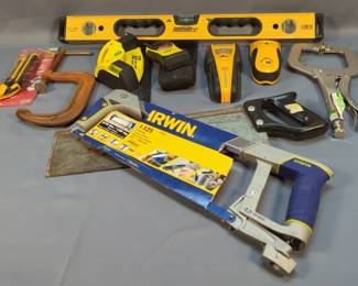 Irwin 12" Hack Saw, Disston 14" Hack Saw, Model PK-1, Johnson 24" Level, Pittsburg 11" Lock Grip Pliers, 4" C Clamp, And More