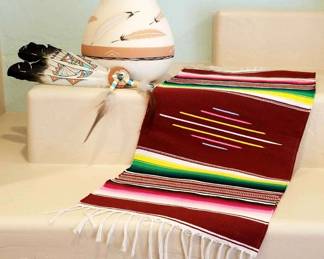 Native American Pot, Decorated Feathers, Mexican Table Topper