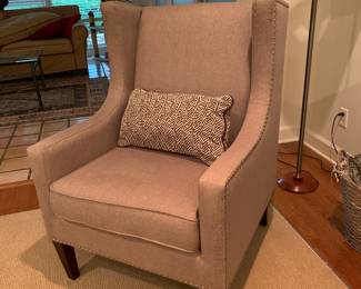 Beige fabric chair with hobnails , Floor lamp