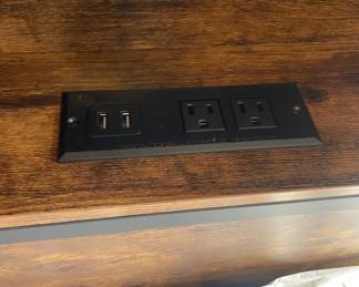 #54 Wood and metal Queen Size bed frame - headboard has power outlets and 2 shelves 62x46 (like new) $ 125.00