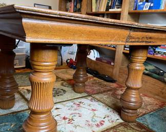 #28 Antique Quarter Sawn White Oak with Carved Pedestal Legs and w/leaf. (44"x44-54.5"x29") $ 400.00