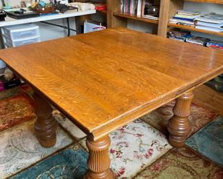 #28 Antique Quarter Sawn White Oak with Carved Pedestal Legs and w/leaf. (44"x44-54.5"x29") $ 400.00