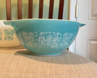 #1 Vintage Pyrex, two piece set nesting – "Amish Butterprint" Cinderella, turquoise, blue, and white.  $ 45.00
