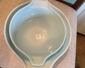 #1 Vintage Pyrex, two piece set nesting – "Amish Butterprint" Cinderella, turquoise, blue, and white.  $ 45.00