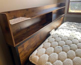 #54 Wood and metal Queen Size bed frame - headboard has power outlets and 2 shelves 62x46 (like new) $ 125.00