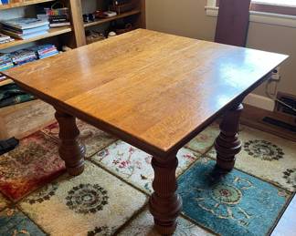 #28 Antique Quarter Sawn White Oak with Carved Pedestal Legs and w/leaf. (44"x44-54.5"x29") $ 400.00