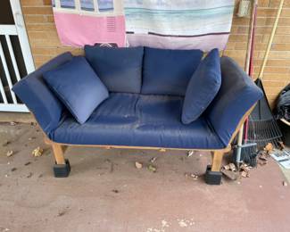 #85 Blue cushions (AS IS) Acacia wood outdoor couch with sliding table $ 50.00