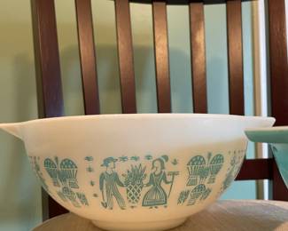 #1 Vintage Pyrex, two piece set nesting – "Amish Butterprint" Cinderella, turquoise, blue, and white.  $ 45.00