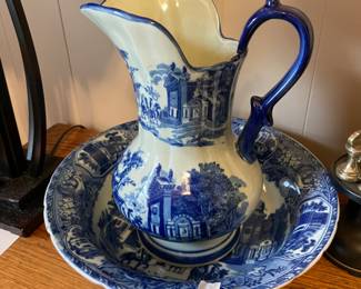 #24 Antique Ironstone Flow Blue Water Pitcher 11.25" & Basin 13.25": Victorianware $ 65.00