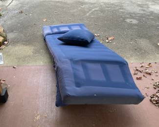 #85 Blue cushions (AS IS) Acacia wood outdoor couch with sliding table $ 50.00