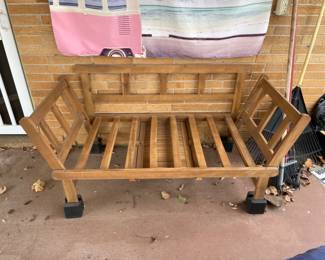 #85 Blue cushions (AS IS) Acacia wood outdoor couch with sliding table $ 50.00