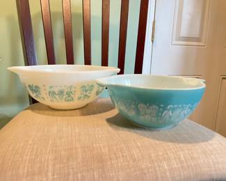 #1 Vintage Pyrex, two piece set nesting – "Amish Butterprint" Cinderella, turquoise, blue, and white.  $ 45.00