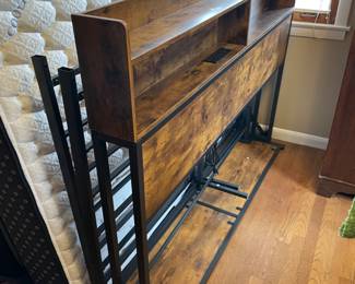 #54 Wood and metal Queen Size bed frame - headboard has power outlets and 2 shelves 62x46 (like new) $ 125.00
