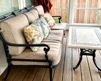 Frontgate Carlisle Sofa with Coordinating Table. The sofa measures 36 tall x 77wide x 30 deep and the table measures 19 tall x 43 wide x 26 deep. 