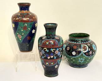 Three Vintage Miniature Cloisonné Vases, measuring about 3.8" and 4.5" 