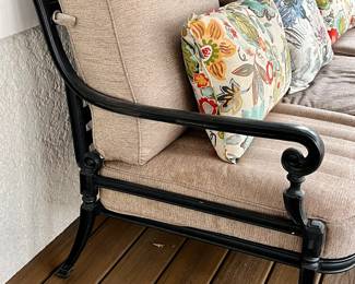 Frontgate Carlisle Sofa with Coordinating Table. The sofa measures 36 tall x 77wide x 30 deep and the table measures 19 tall x 43 wide x 26 deep. 