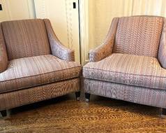 Pair of Charming Upholstered Chairs by McCreary Modern in a fun multi-colored fabric. Each measuring 32 x 34 x 36 inches. Very nice looking striped accent chairs! 