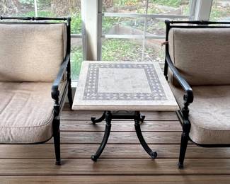Pair of Frontgate Carlisle Lounge Chairs with Cushions in Slate Finish and Accent Table