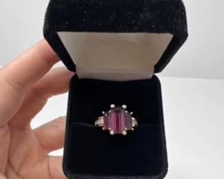 14K Gold Ring w/ Radiant Rhodolite (Purple Garnet) & 12 Diamonds